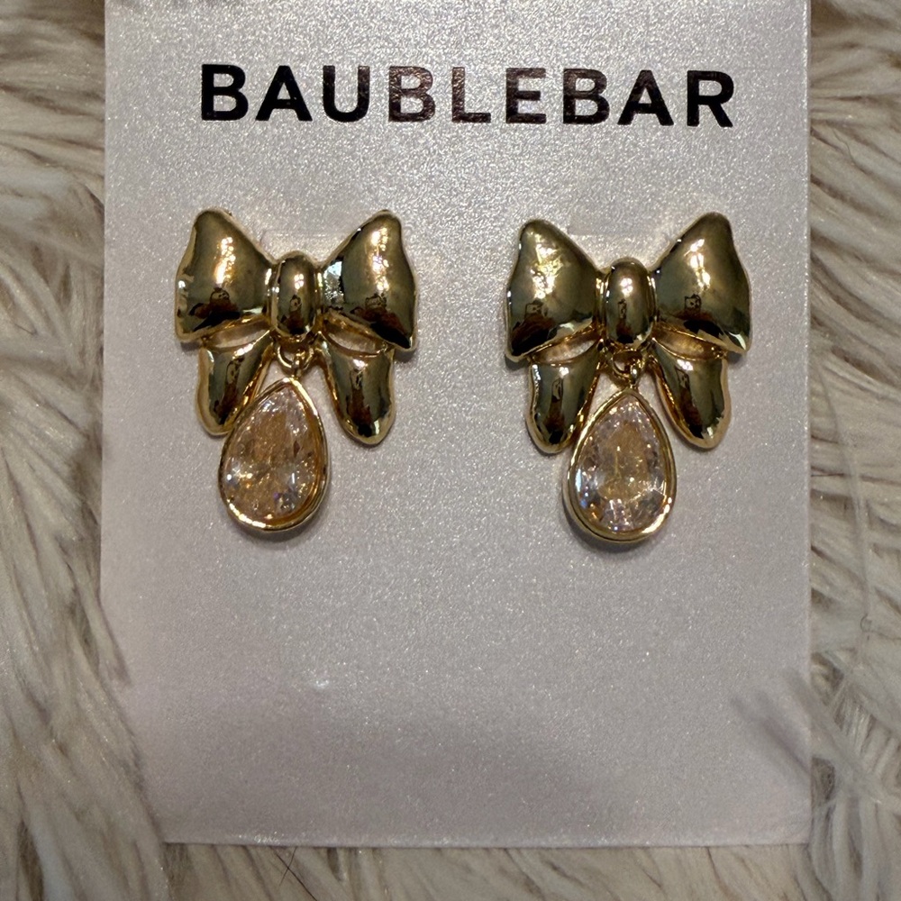 BaubleBar Gold Bow Earrings with Teardrop Charm